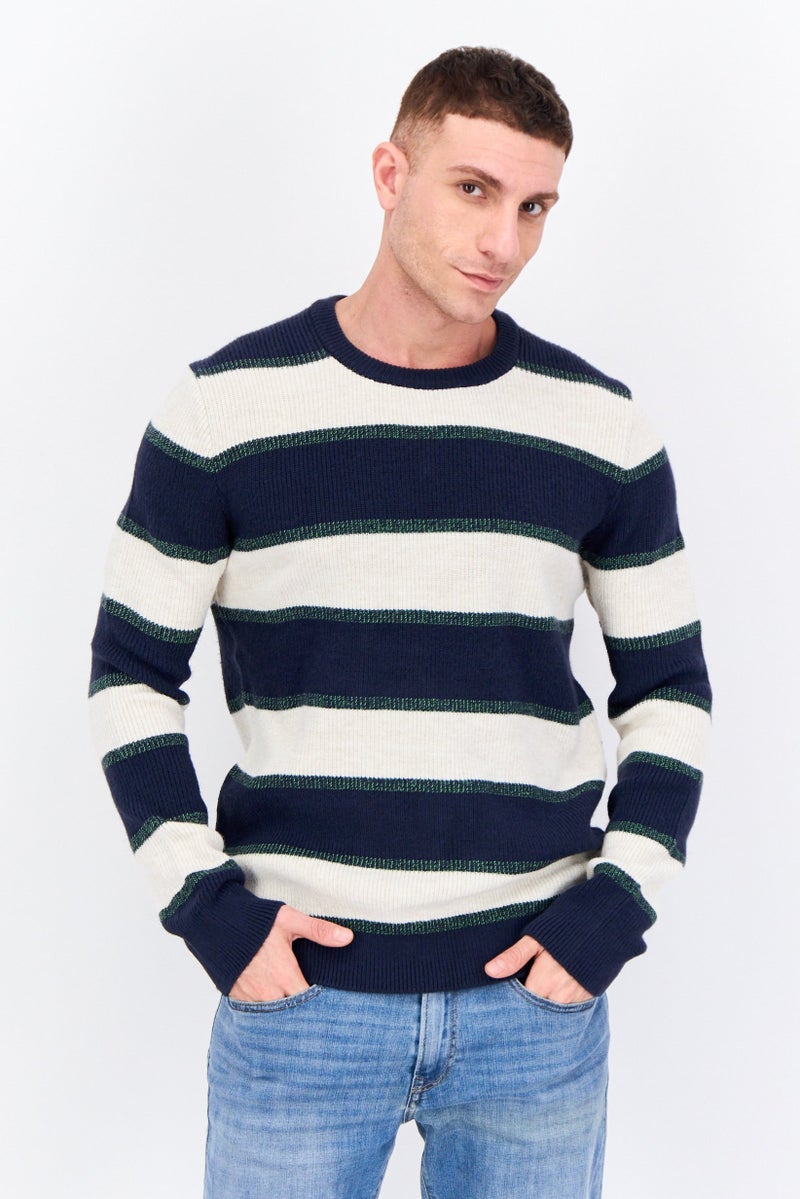 Jules Men Crew Neck Long Sleeves Stripe Sweater, Navy - Image 1