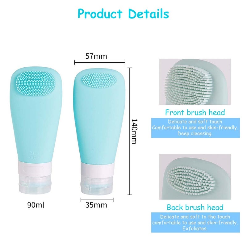 MAYCREATE 3Pcs Travel Bottles for Toiletries, Squeezable Soft Silicone Toiletries Bottles Containers Leak Proof Refillable Dispenser with Face Brush Design (90ML White Blue Pink) - Image 2