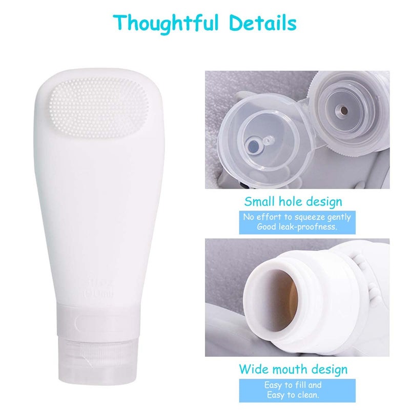 MAYCREATE 3Pcs Travel Bottles for Toiletries, Squeezable Soft Silicone Toiletries Bottles Containers Leak Proof Refillable Dispenser with Face Brush Design (90ML White Blue Pink) - Image 3