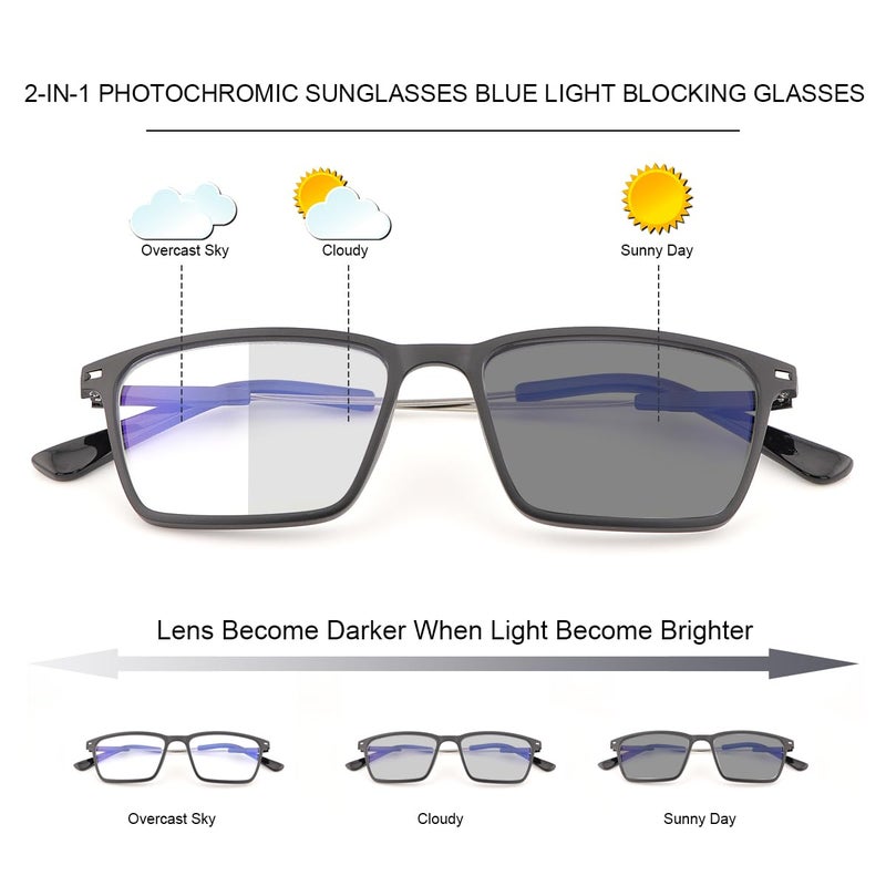YIMI Blue Light Blocking Glasses Photochromic Gray Sunglasses for Men and Women Day Night Gaming TV Phones Computer Eyeglasses UV Protection Anti Glare Shade Lightweight Eyewear Full Frame Spectacles - Image 2