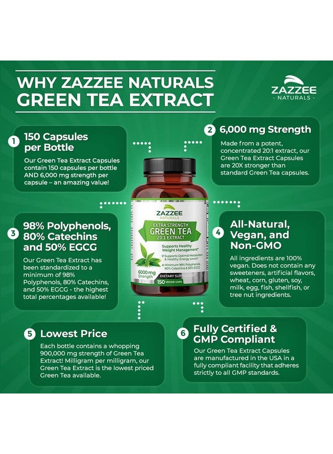 Zazzee Extra Strength Green Tea 20:1 Extract, 6000 mg Strength, 50% EGCG, 98% Polyphenols and 80% Catcehins, 150 Vegan Capsules, 5 Month Supply, Standardized and Concentrated 20X Potency, Non-GMO - Image 5