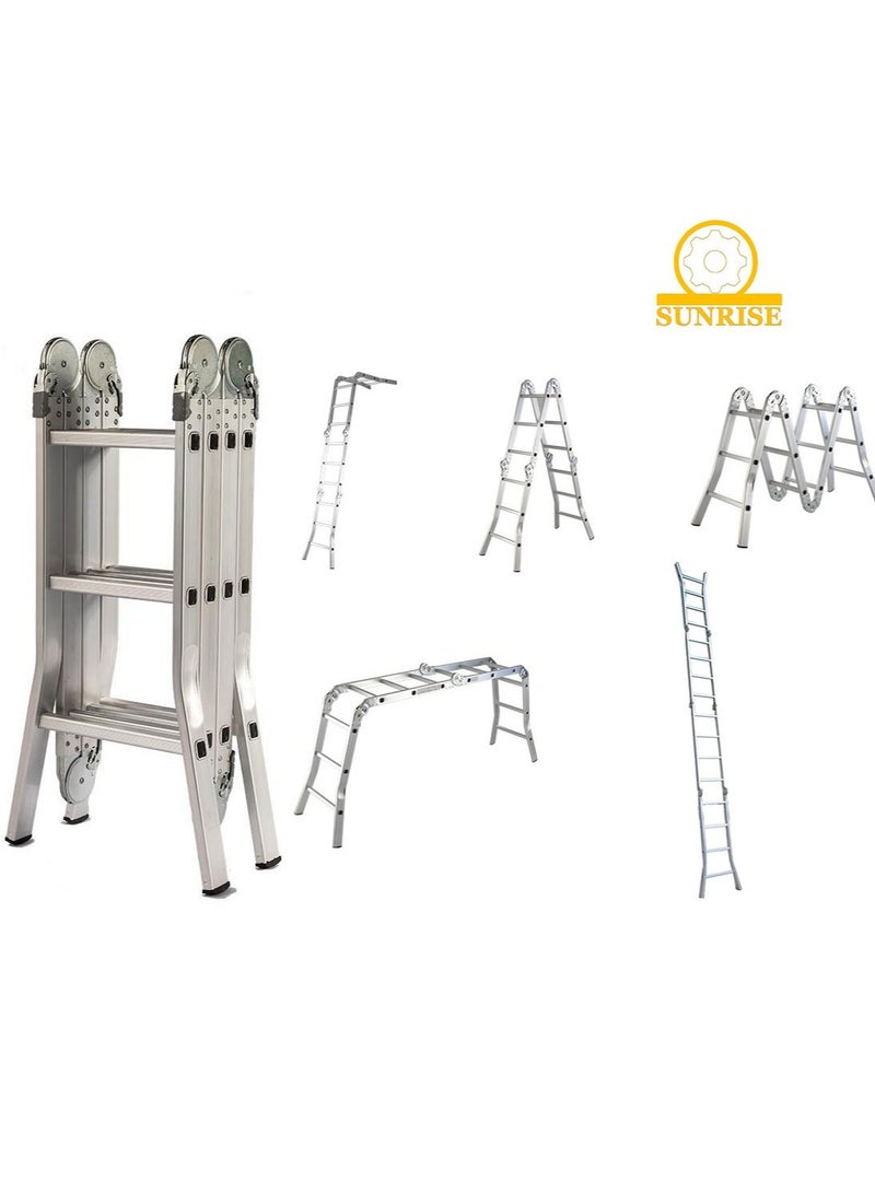 صن رايز سلم تمديد من الألومنيوم متعدد الأغراض قابل للطي ، سلم 7 في 1 درجات قابل للطي قابل للتعديل تصغير سقالة شديدة التحمل 60 درجة تصميم مفتوح للخارج 4 × 3 خطوات - Image 1