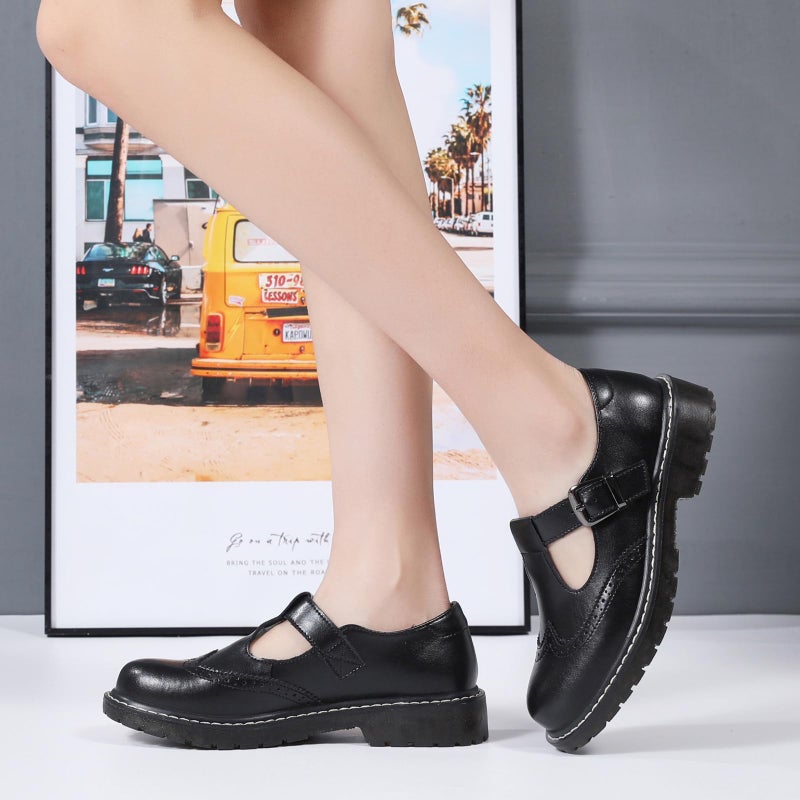 XMM Oxford Shoes for Women Mary Jane Shoes Women Round Toe Leather Ankle Buckle Strap Flats Classic Non-Slip Comfort Casual Dressy Business Office Shoes Black US 10 - Image 3