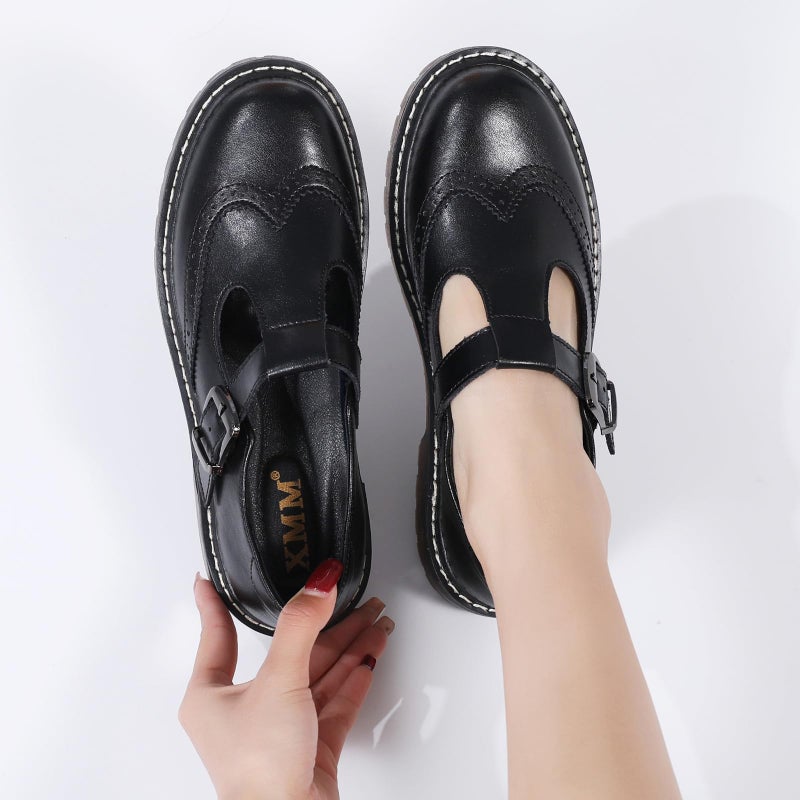XMM Oxford Shoes for Women Mary Jane Shoes Women Round Toe Leather Ankle Buckle Strap Flats Classic Non-Slip Comfort Casual Dressy Business Office Shoes Black US 10 - Image 2