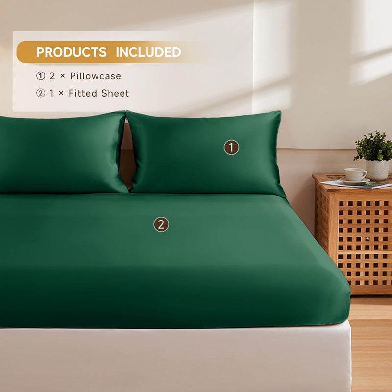 THXSILK Silk Queen Fitted Sheet 3Pcs Set  6A+ Top Grade 100% Pure Mulberry Silk Bed Sheets Set Luxury Bedding Sheet for Hair and Skin  1 Fitted Sheet with 2 Pillowcases  Emerald Green - Image 2