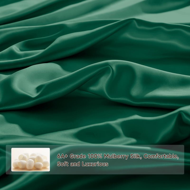 THXSILK Silk Queen Fitted Sheet 3Pcs Set  6A+ Top Grade 100% Pure Mulberry Silk Bed Sheets Set Luxury Bedding Sheet for Hair and Skin  1 Fitted Sheet with 2 Pillowcases  Emerald Green - Image 3