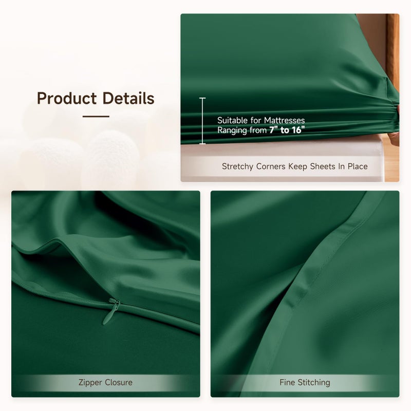 THXSILK Silk Queen Fitted Sheet 3Pcs Set  6A+ Top Grade 100% Pure Mulberry Silk Bed Sheets Set Luxury Bedding Sheet for Hair and Skin  1 Fitted Sheet with 2 Pillowcases  Emerald Green - Image 4
