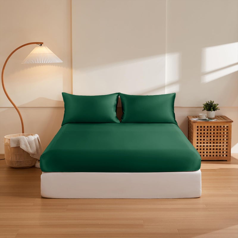 THXSILK Silk Queen Fitted Sheet 3Pcs Set  6A+ Top Grade 100% Pure Mulberry Silk Bed Sheets Set Luxury Bedding Sheet for Hair and Skin  1 Fitted Sheet with 2 Pillowcases  Emerald Green - Image 1