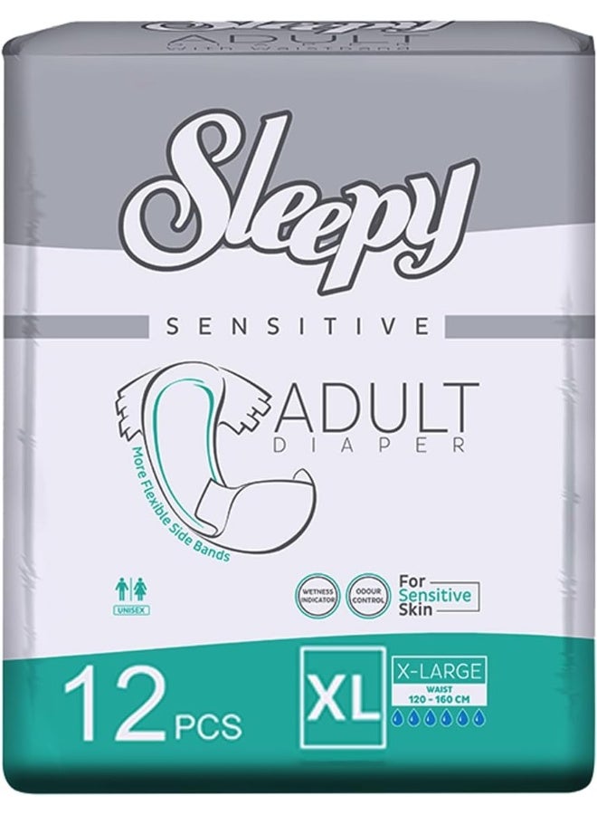Sleepy Hypoallergenic 12 Adult Diapers | Size - X Large | Unisex Diapers for Sensitive Skin | Odour Control Diapers | Wetness Indicator Comfortable & Adjustable | 120-160cm - Image 1
