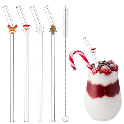 Eremaoy 4 Pcs Christmas Reusable Glass Straws Cute Christmas Shaped with Cleaning Brush for Coffee Smoothies Milkshake Glass Straws with Charms for Xmas Party and Decoration - Image 1