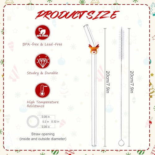 Eremaoy 4 Pcs Christmas Reusable Glass Straws Cute Christmas Shaped with Cleaning Brush for Coffee Smoothies Milkshake Glass Straws with Charms for Xmas Party and Decoration - Image 3