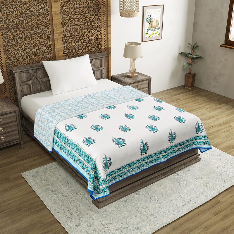 BLOCKS OF INDIA Hand Block Printed Cotton Summer Single Size Reversible Printed Malmal Dohar Blue Buta