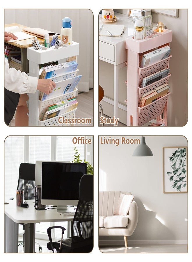 CINPIUK Pink Rolling Office Paper Organizer, Mobile Book Cart Document Folder File Storage with Pen Holder, Slim Rolling Storage Cart Movable Bookshelf for Office, Dorm, Classroom, Nursery - Image 5