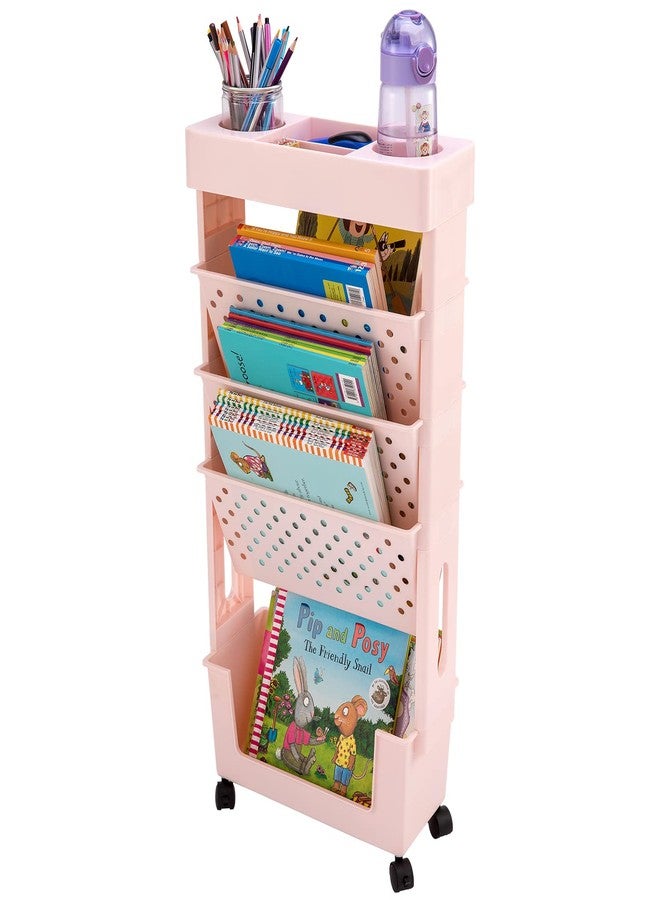 CINPIUK Pink Rolling Office Paper Organizer, Mobile Book Cart Document Folder File Storage with Pen Holder, Slim Rolling Storage Cart Movable Bookshelf for Office, Dorm, Classroom, Nursery - Image 1