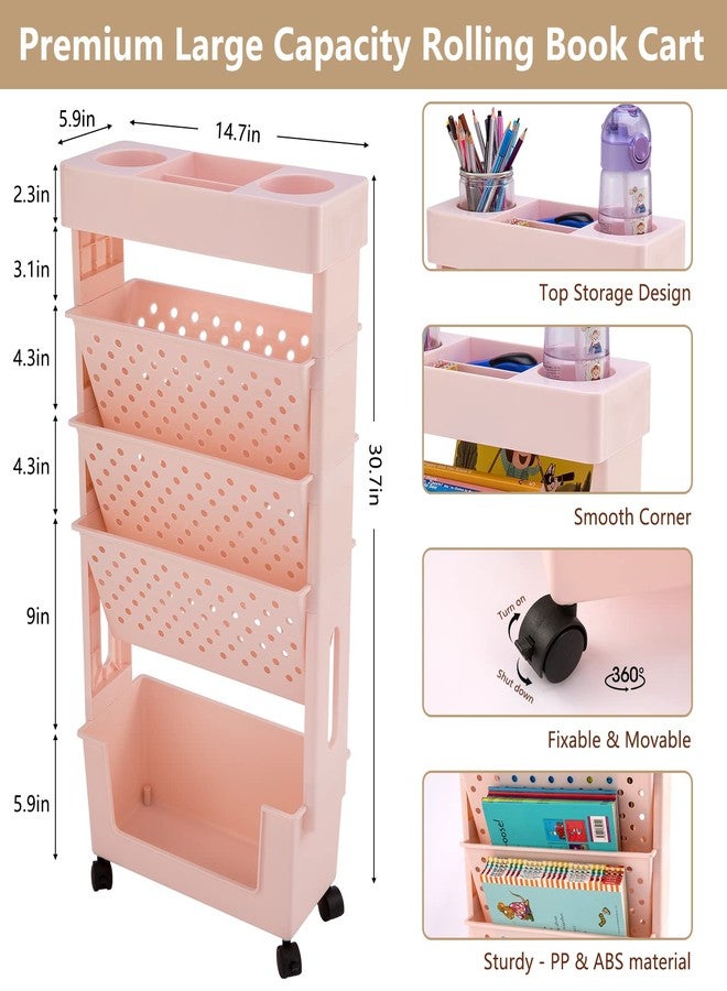 CINPIUK Pink Rolling Office Paper Organizer, Mobile Book Cart Document Folder File Storage with Pen Holder, Slim Rolling Storage Cart Movable Bookshelf for Office, Dorm, Classroom, Nursery - Image 3