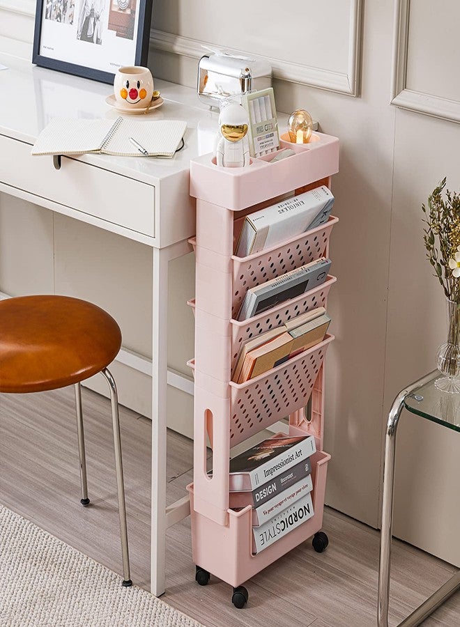 CINPIUK Pink Rolling Office Paper Organizer, Mobile Book Cart Document Folder File Storage with Pen Holder, Slim Rolling Storage Cart Movable Bookshelf for Office, Dorm, Classroom, Nursery - Image 2