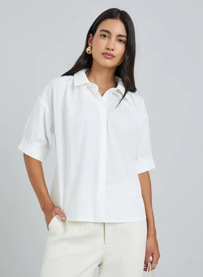Styli White Ruffled Puff Sleeve Shirt