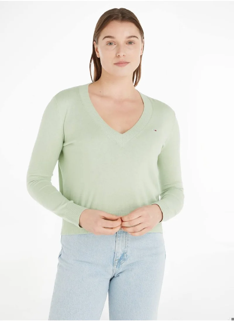 TOMMY JEANS Women's V-Neck Logo Sweater, Green