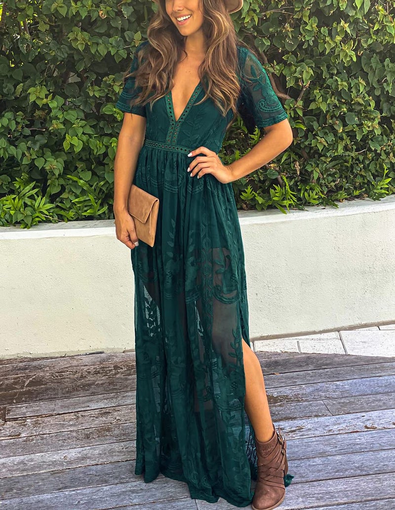 Eleter Women's Romper Dress Floral Lace Wedding Dress V Neck Short Sleeve Bridesmaid Evening Party Maxi Dress(M,Dark Green) - Image 3