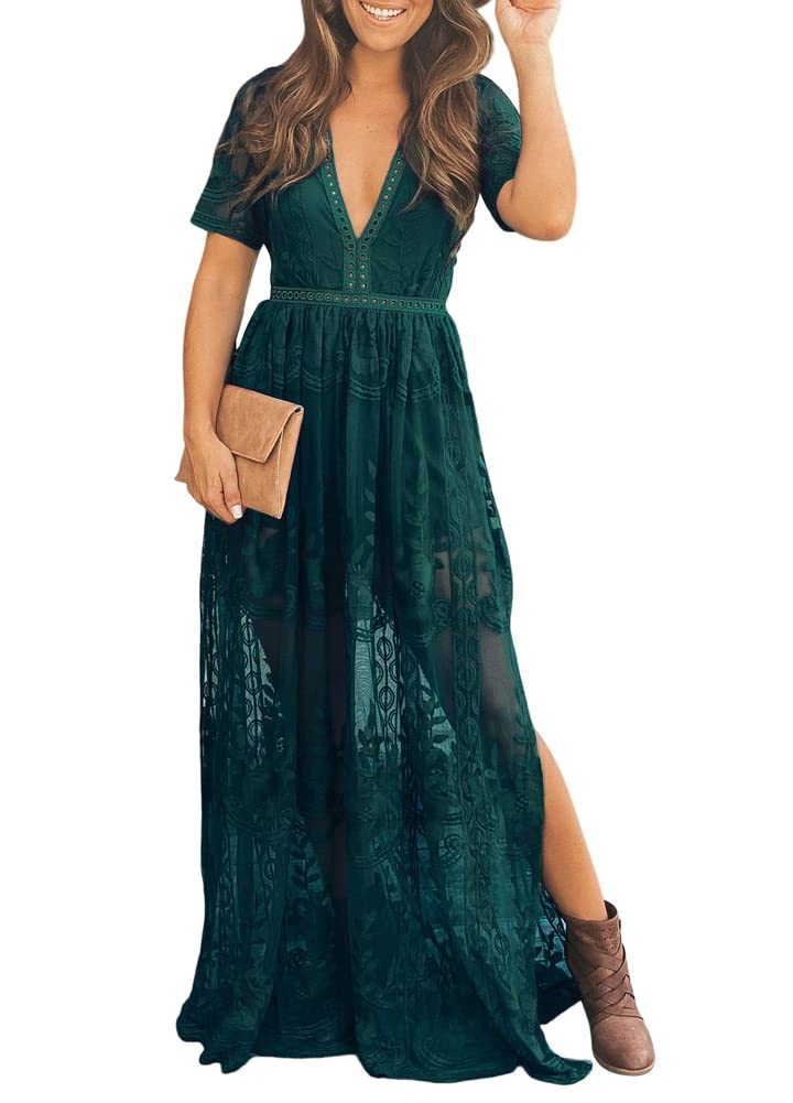 Eleter Women's Romper Dress Floral Lace Wedding Dress V Neck Short Sleeve Bridesmaid Evening Party Maxi Dress(M,Dark Green) - Image 1