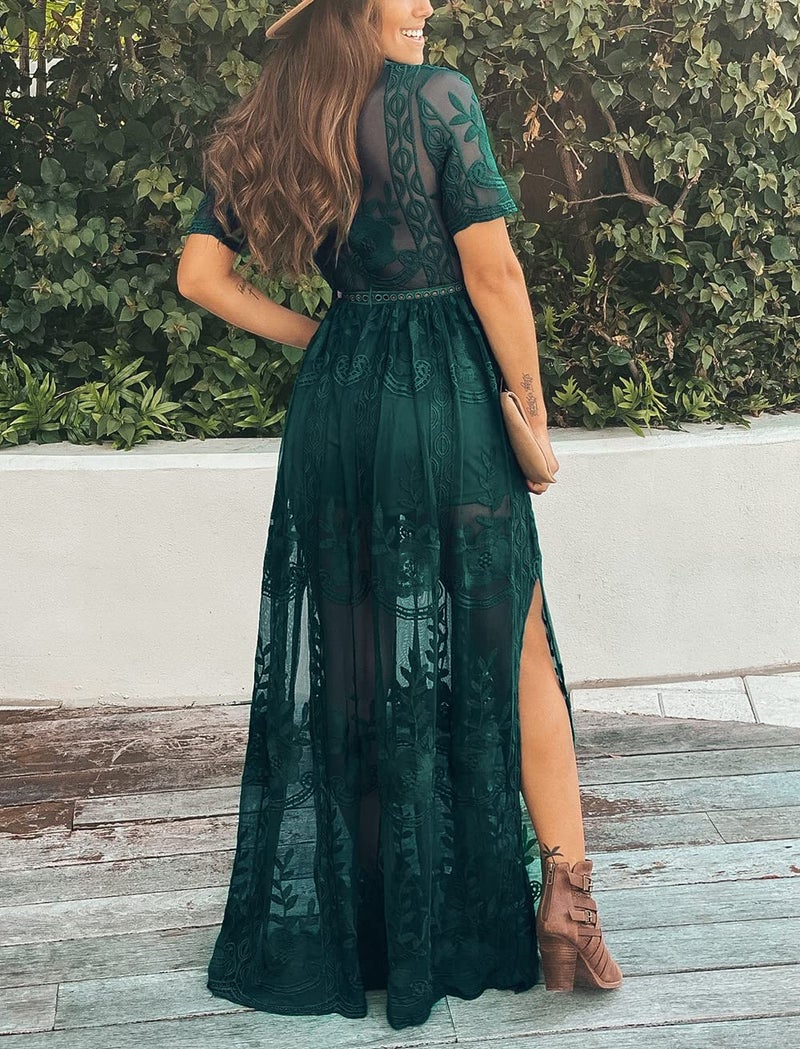 Eleter Women's Romper Dress Floral Lace Wedding Dress V Neck Short Sleeve Bridesmaid Evening Party Maxi Dress(M,Dark Green) - Image 5