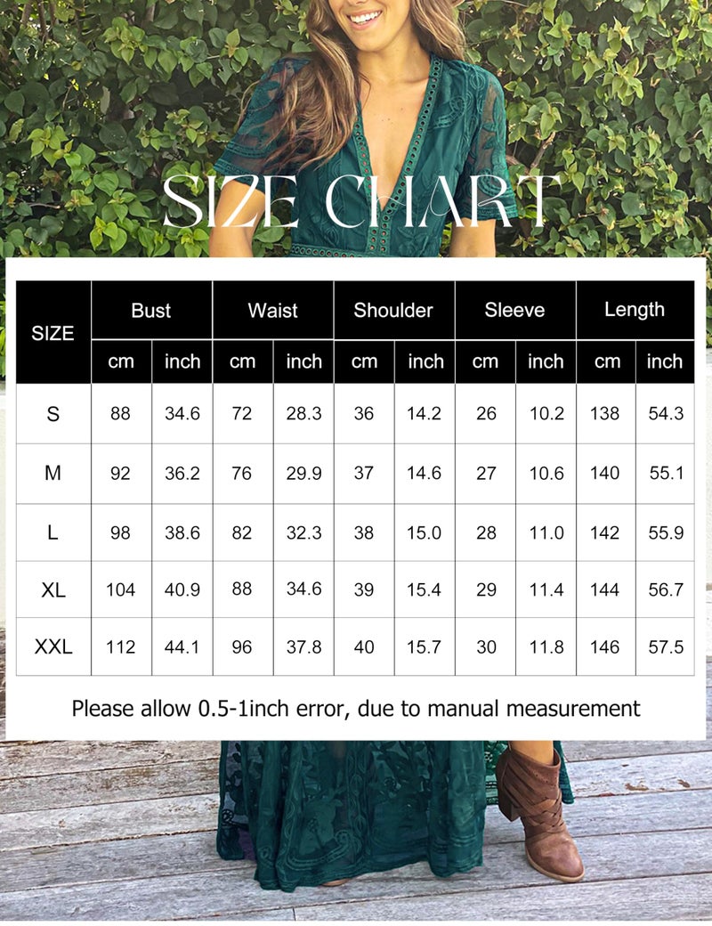Eleter Women's Romper Dress Floral Lace Wedding Dress V Neck Short Sleeve Bridesmaid Evening Party Maxi Dress(M,Dark Green) - Image 4