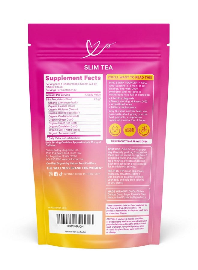 Pink Stork Organic Slim Tea - Dandelion Root, Green Tea, Ginger and Hibiscus for Detox, Bloating Relief, Metabolism Support, and Energy - Approximately 35 mg Caffeine - 15 Sachets - Image 2