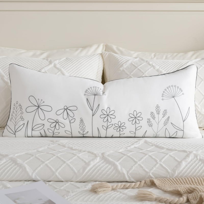 Sanmetex Sunkifover Floral Throw Pillow Cover 14x36 Inch Cotton Embroidery Rectangular Cushion Cover, White and Grey Lumbar Decorative Farmhouse Pillowcase for Bed, Living Room, and Bedroom - Image 1
