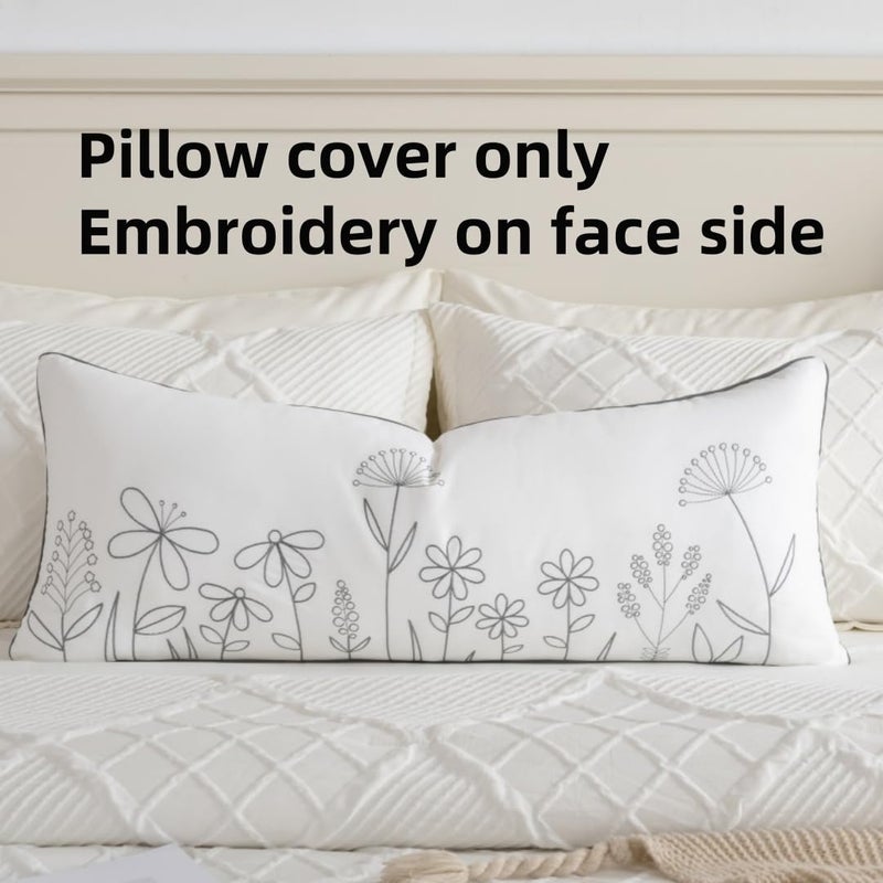 Sanmetex Sunkifover Floral Throw Pillow Cover 14x36 Inch Cotton Embroidery Rectangular Cushion Cover, White and Grey Lumbar Decorative Farmhouse Pillowcase for Bed, Living Room, and Bedroom - Image 5