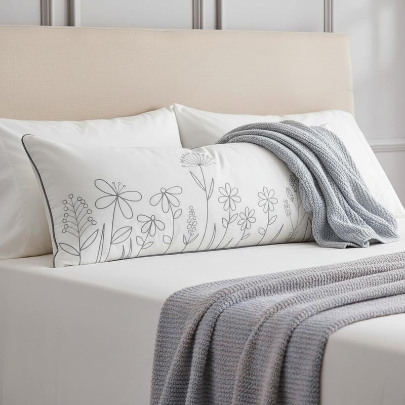 Sanmetex Sunkifover Floral Throw Pillow Cover 14x36 Inch Cotton Embroidery Rectangular Cushion Cover, White and Grey Lumbar Decorative Farmhouse Pillowcase for Bed, Living Room, and Bedroom - Image 2