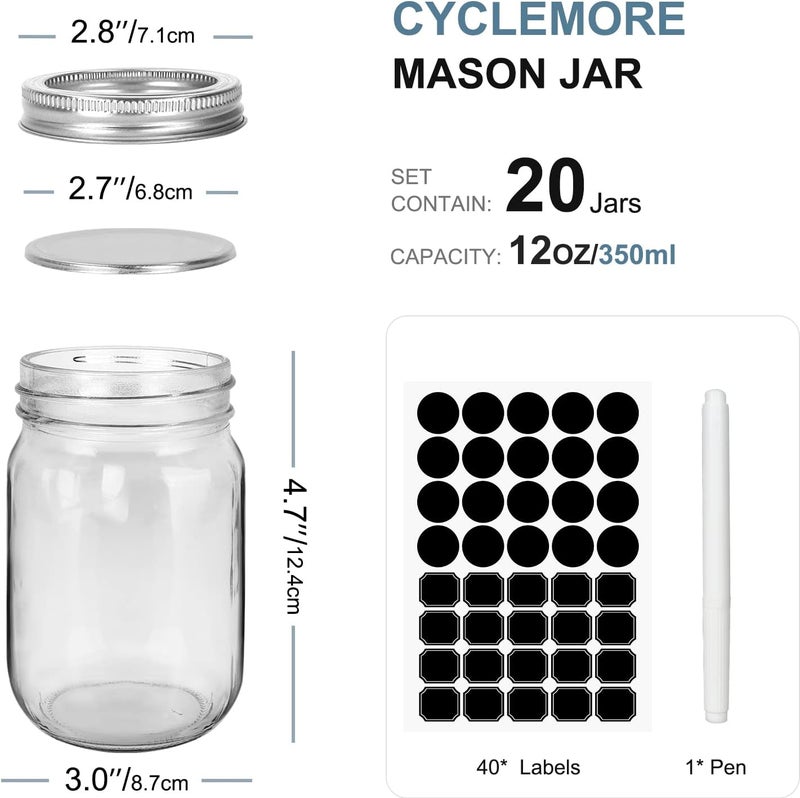 CycleMore 20 Pcs 12oz Glass Mason Jars With Silver Separable Lids, 350ml Round Canning Jars for Honey, Jam, Herb, Wedding Favor, Kitchen Storage Wide Mouth Bottles for Crafts, Meal Prep - Image 2