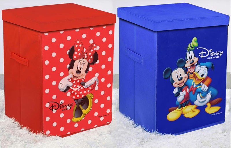 Kuber Industries Disney Team Minnie Print Non Woven Fabric Foldable Laundry Basket, Toy Storage Basket, Cloth Storage Basket with Lid & Handles (Set of 2, Red & Royal Blue)-KUBMART1225 - Image 1