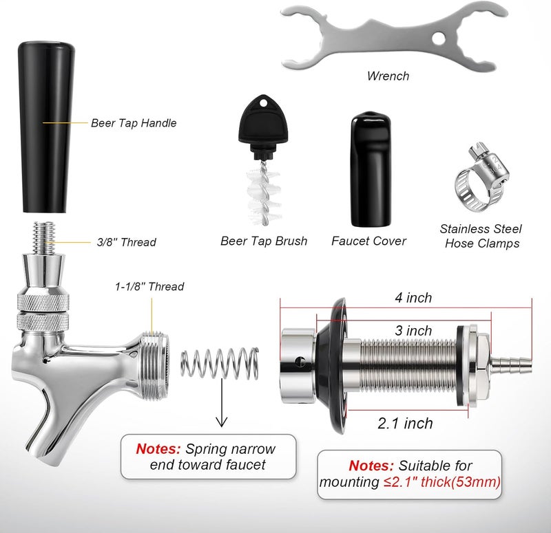 Ferroday New 3-1/8 inch Shank, Stainless Steel Core Draft Beer Faucet, Chrome Plated Beer Tap, No-Rust No-Leak Beer Tap Faucet, 1/4 Barb Keg Tap Faucet Kegerator Faucet Parts for Homebrew - Image 2