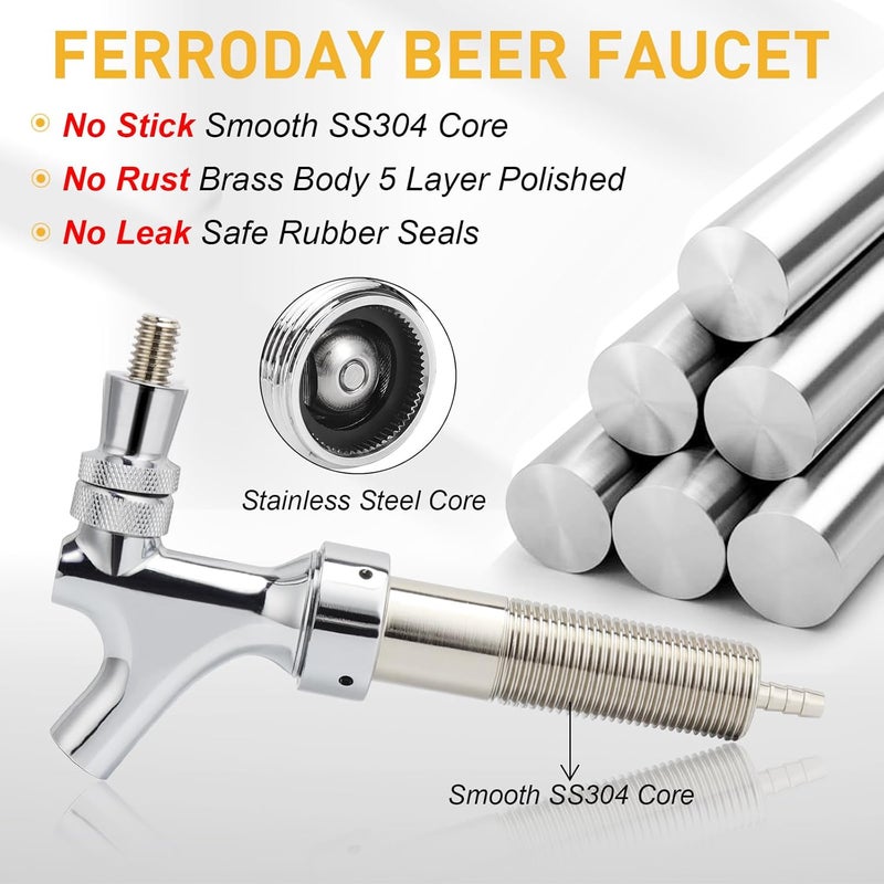 Ferroday New 3-1/8 inch Shank, Stainless Steel Core Draft Beer Faucet, Chrome Plated Beer Tap, No-Rust No-Leak Beer Tap Faucet, 1/4 Barb Keg Tap Faucet Kegerator Faucet Parts for Homebrew - Image 3