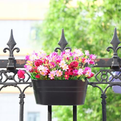 Meltset M 3 Pack Metal Railing Planters, 10.5" Oval Hanging Flower Pots with Detachable Hooks & Drainage Holes, Fits Rails up to 2.36", Galvanized Iron Fence Bucket for Balcony Garden Patio - Black - Image 2