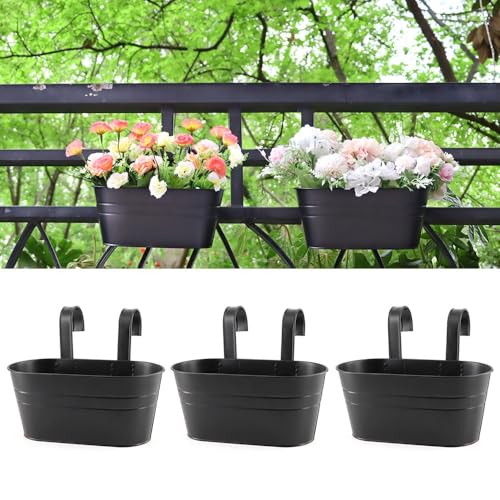 Meltset M 3 Pack Metal Railing Planters, 10.5" Oval Hanging Flower Pots with Detachable Hooks & Drainage Holes, Fits Rails up to 2.36", Galvanized Iron Fence Bucket for Balcony Garden Patio - Black - Image 1