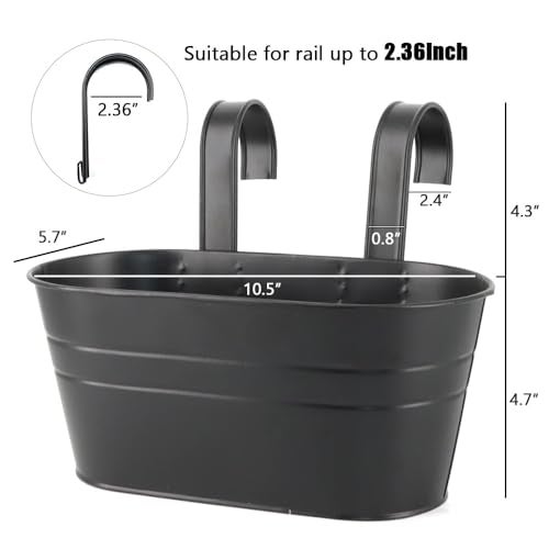 Meltset M 3 Pack Metal Railing Planters, 10.5" Oval Hanging Flower Pots with Detachable Hooks & Drainage Holes, Fits Rails up to 2.36", Galvanized Iron Fence Bucket for Balcony Garden Patio - Black - Image 3