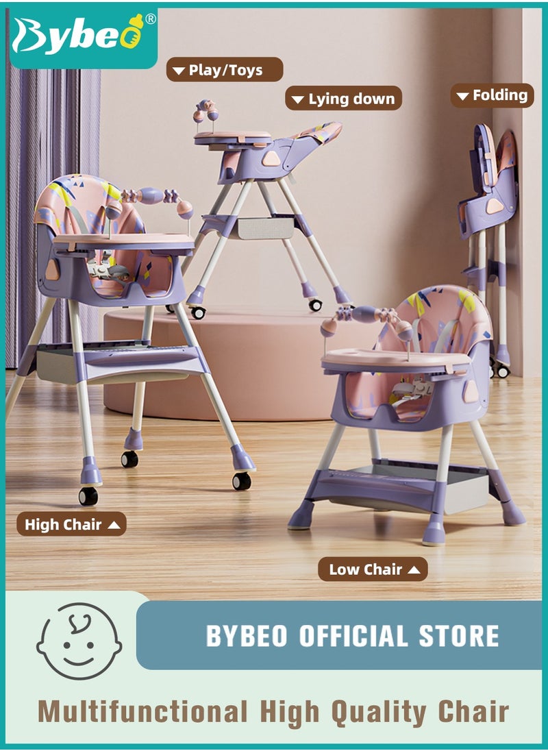 Bybeo - Baby High Chair for Toddlers, Foldable Children Highchairs, Dining Booster Seats with Adjustable Seat Height & Backrest, 4 Wheels and Removable Tray - Image 1