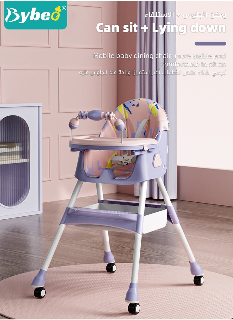 Bybeo - Baby High Chair for Toddlers, Foldable Children Highchairs, Dining Booster Seats with Adjustable Seat Height & Backrest, 4 Wheels and Removable Tray - Image 1