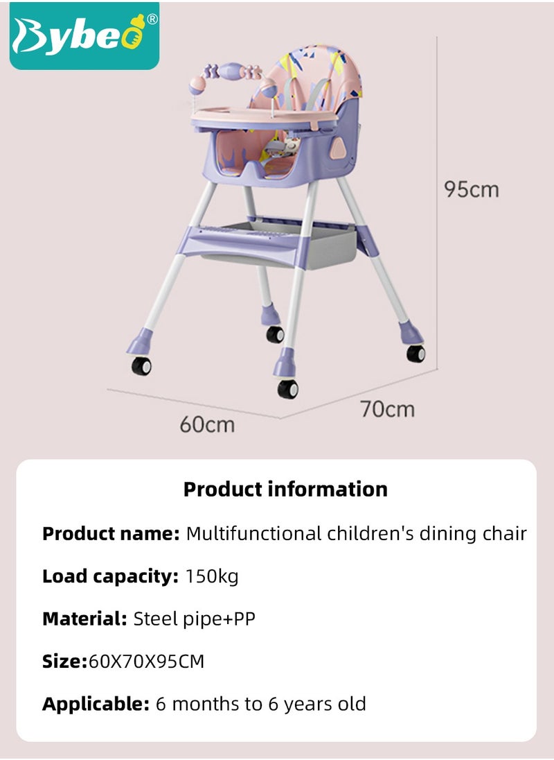 Bybeo - Baby High Chair for Toddlers, Foldable Children Highchairs, Dining Booster Seats with Adjustable Seat Height & Backrest, 4 Wheels and Removable Tray - Image 1