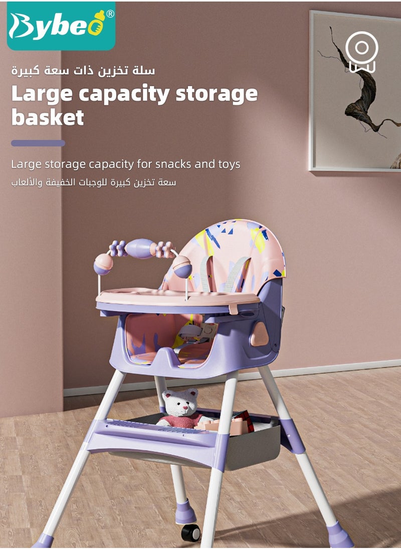 Bybeo - Baby High Chair for Toddlers, Foldable Children Highchairs, Dining Booster Seats with Adjustable Seat Height & Backrest, 4 Wheels and Removable Tray - Image 1