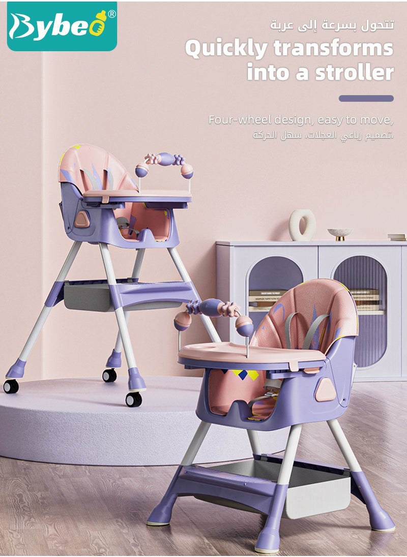 Bybeo - Baby High Chair for Toddlers, Foldable Children Highchairs, Dining Booster Seats with Adjustable Seat Height & Backrest, 4 Wheels and Removable Tray - Image 1