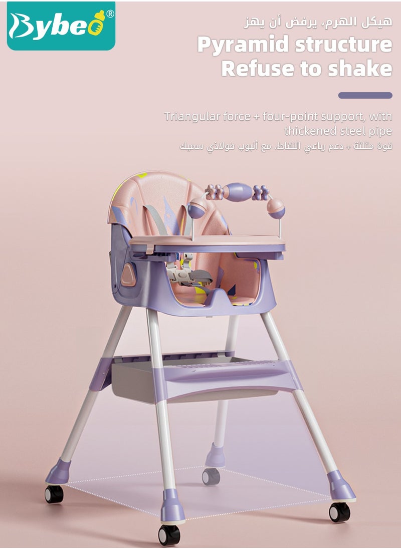 Bybeo - Baby High Chair for Toddlers, Foldable Children Highchairs, Dining Booster Seats with Adjustable Seat Height & Backrest, 4 Wheels and Removable Tray - Image 1