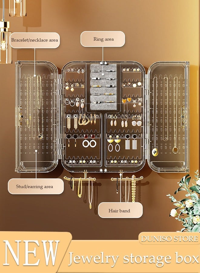 DUNISO Wall Mounted Jewelry Organizer, Self-Adhesive No Drilling Transparent Jewelry Storage Cabinet, Earrings, necklaces, bracelets, rings Display Rack for Bathroom Bedroom Dresser (Grey) - Image 1