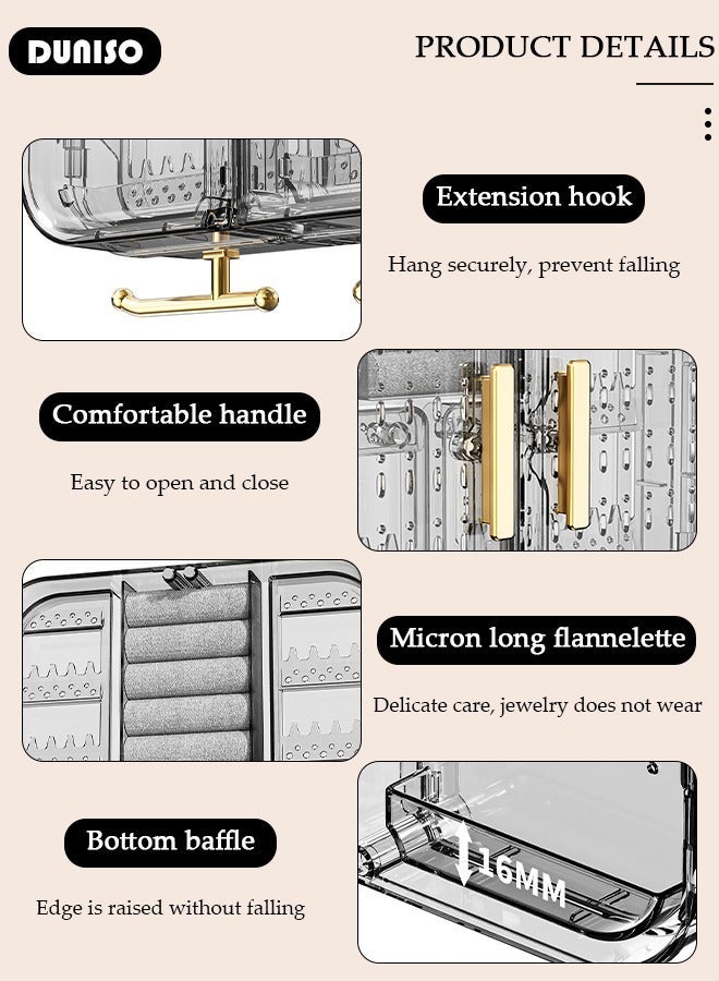 DUNISO Wall Mounted Jewelry Organizer, Self-Adhesive No Drilling Transparent Jewelry Storage Cabinet, Earrings, necklaces, bracelets, rings Display Rack for Bathroom Bedroom Dresser (Grey) - Image 5