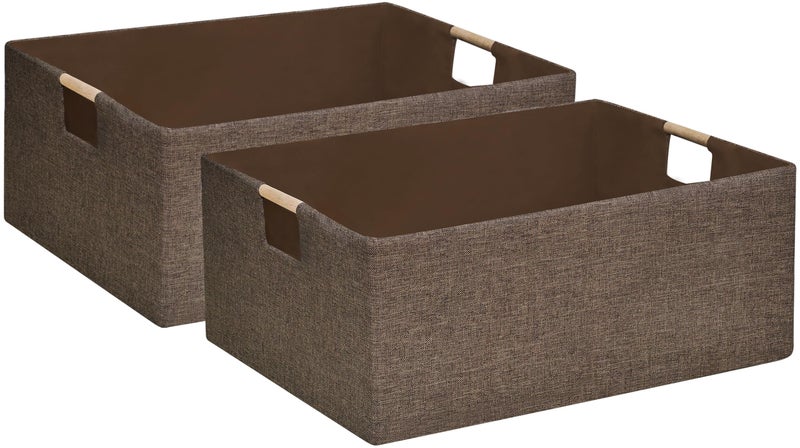 FUULOXE Collapsible Storage Box 16.9"x12.5"x7" with Wooden Handles | Foldable Organizer for Closet, Shelves, Toys & Cosmetics | Durable Linen-Polyester Fabric | Space-Saving Home Organization 2Pack - Image 1