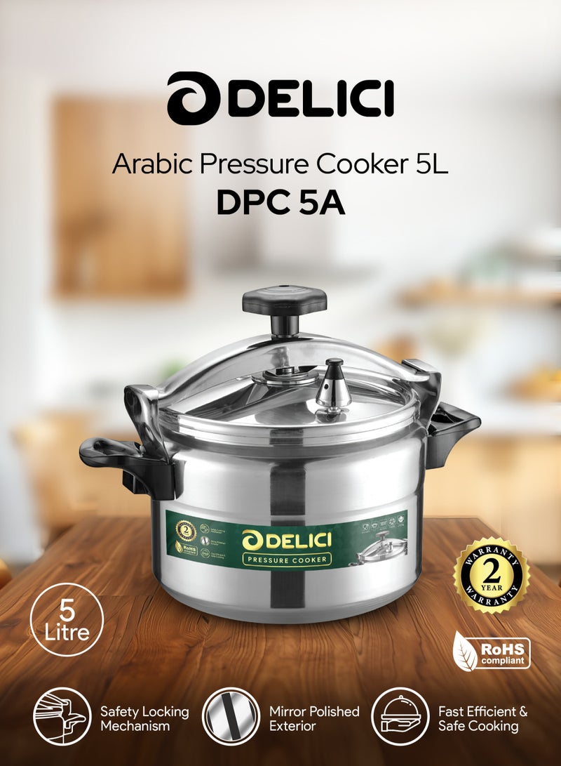 DELICI 5L Aluminum Arabic Pressure Cooker | Mirror Coated Exterior | Safety Lock | Heat-Resistant Base | Long-Lasting Rubber Sealing | Durable Body & Lid | Perfect Heat Distribution | Ideal For Modern Middle East Kitchen | DPC 5A - Image 2