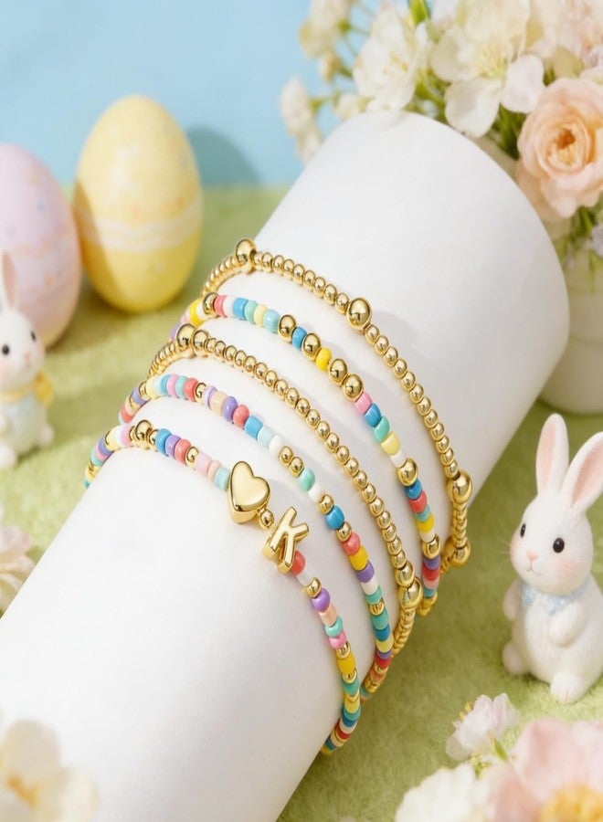 M MOOHAM Easter Gifts - Easter Basket Stuffers Colorful Beaded Bracelet Gifts 5PCS Cute Heart A Initial Beaded Bracelet Jewelry Birthday Colorful Initial Bracelets Jewelry - Image 5
