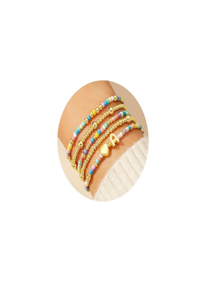 M MOOHAM Easter Gifts - Easter Basket Stuffers Colorful Beaded Bracelet Gifts 5PCS Cute Heart A Initial Beaded Bracelet Jewelry Birthday Colorful Initial Bracelets Jewelry - Image 1