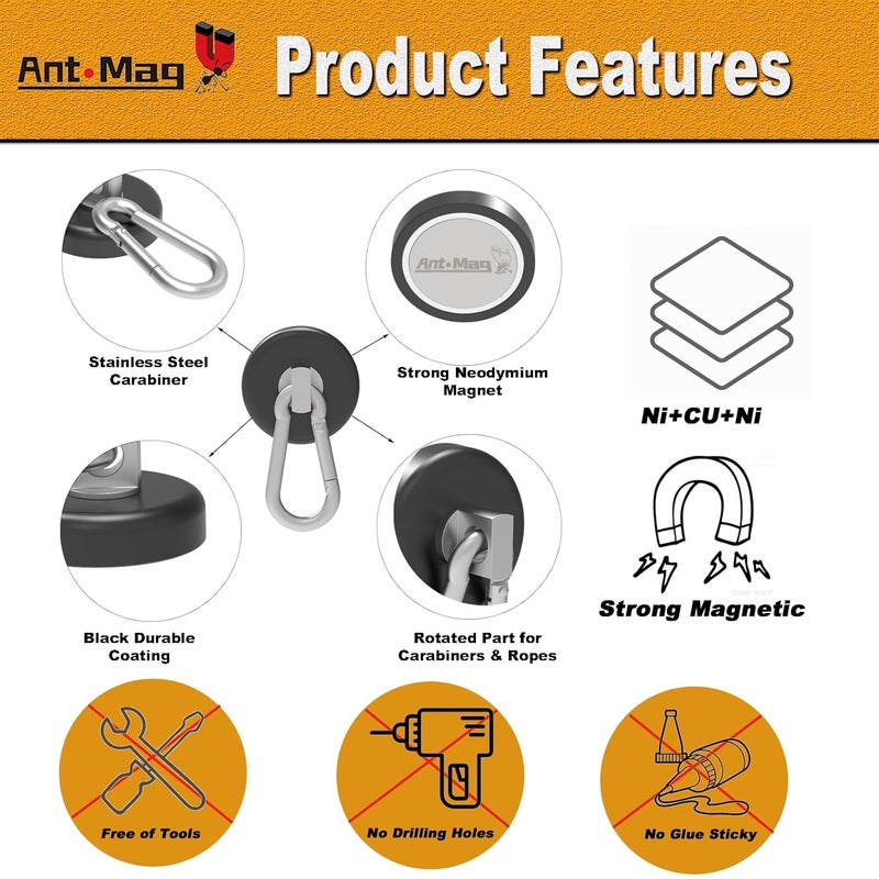 Ant Mag - Carabiner Magnetic Hooks 80LBS MAX Heavy Duty Neodymium Magnet Swivel Snap Hook for Hanging Indoor/Outdoor Grill Kitchen Cabinet Office Black 8 Pack - Image 4